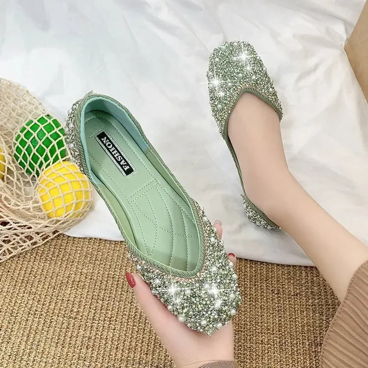 Glitter Crystal Pearl Studs Ballet Shoes | Square Toe