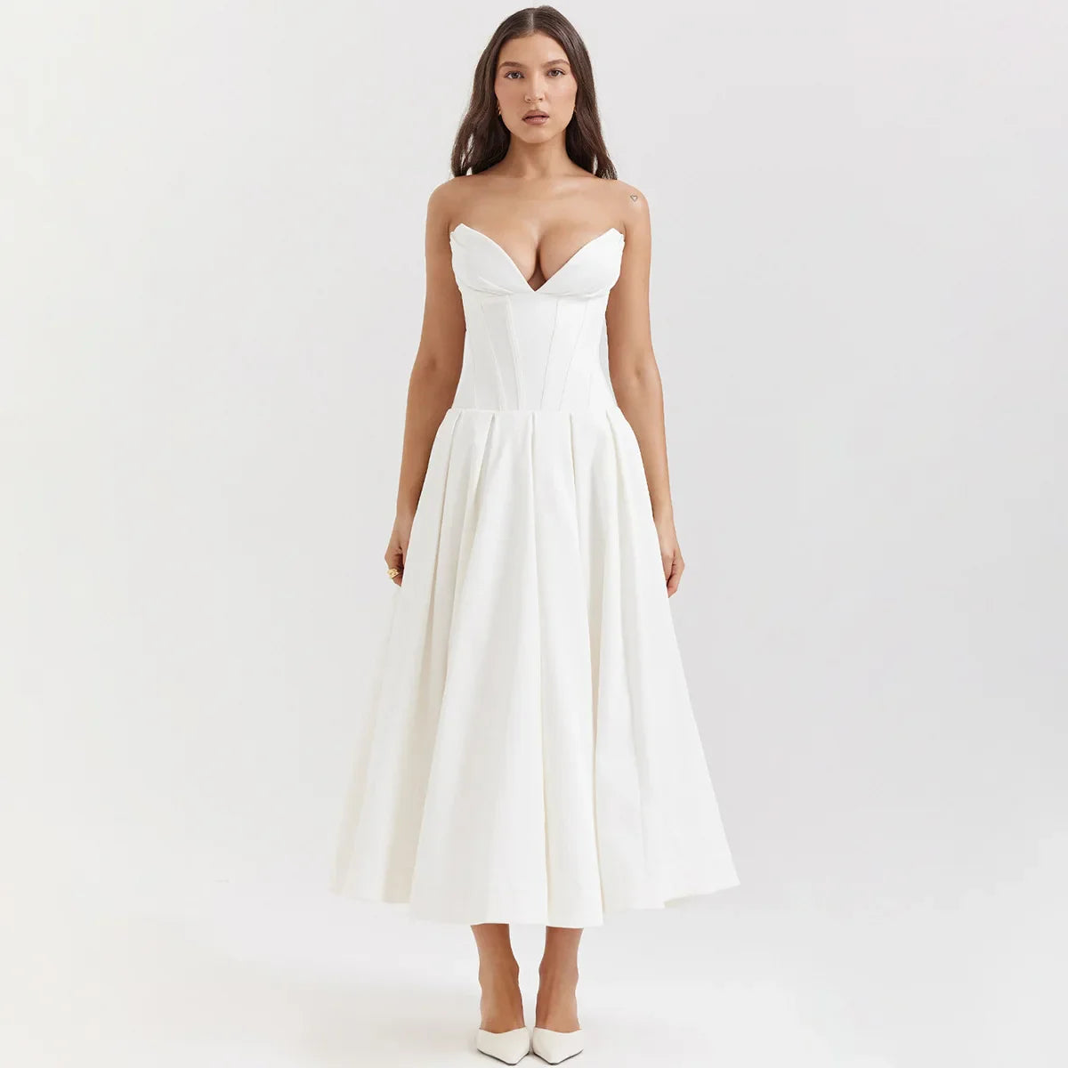 Elegant Strapless Midi Dress | White Wedding & Party Dress