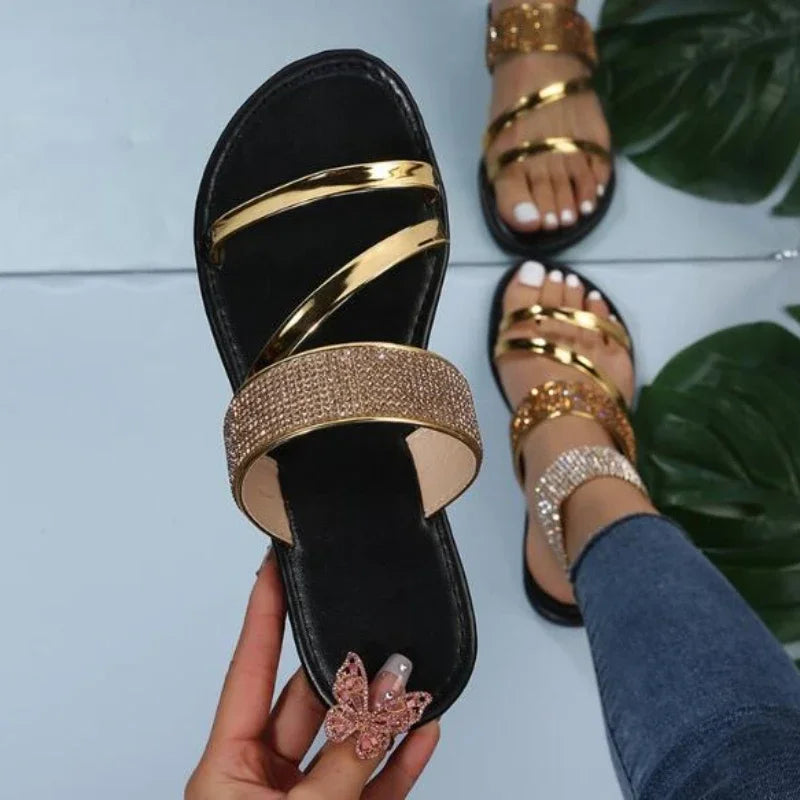 Rhinestone Sandals | Flat Heel Slippers