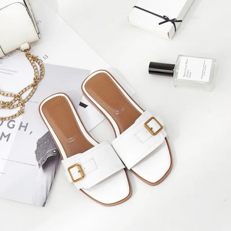 Leather Slide Sandals | Square Toe Flats