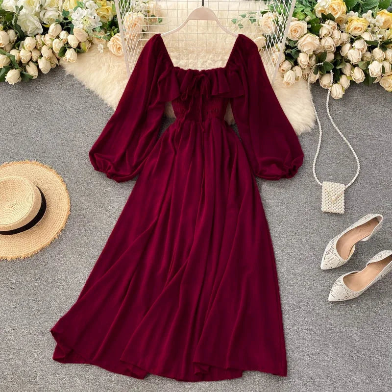 Elegant Square Collar Maxi Dress | Chiffon Puff Sleeve Dress