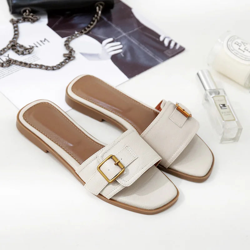 Leather Slide Sandals | Square Toe Flats