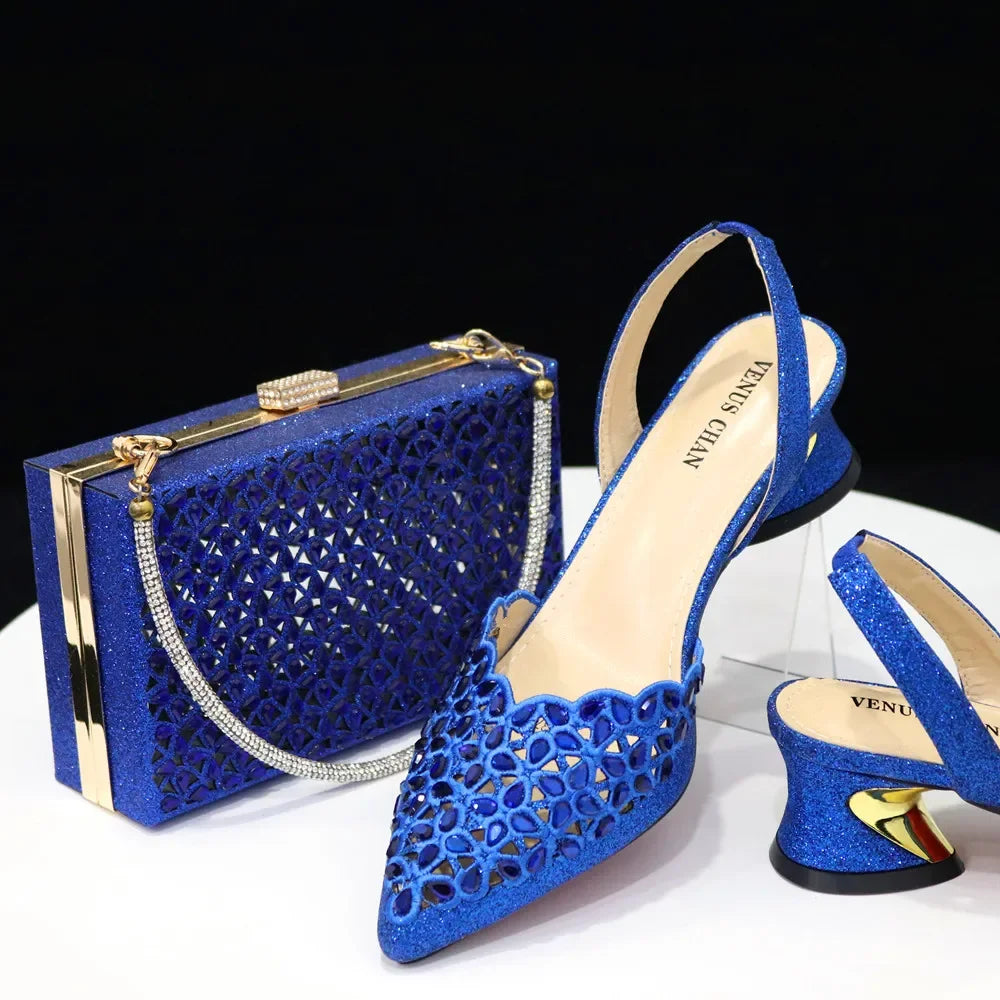 Gold Embroidered set |Venus Chan Low Heel Pointed-Toe Shoes & Matching Bag