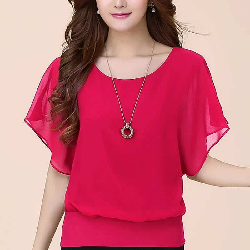 Chiffon Batwing Blouse | Solid O-Neck Top