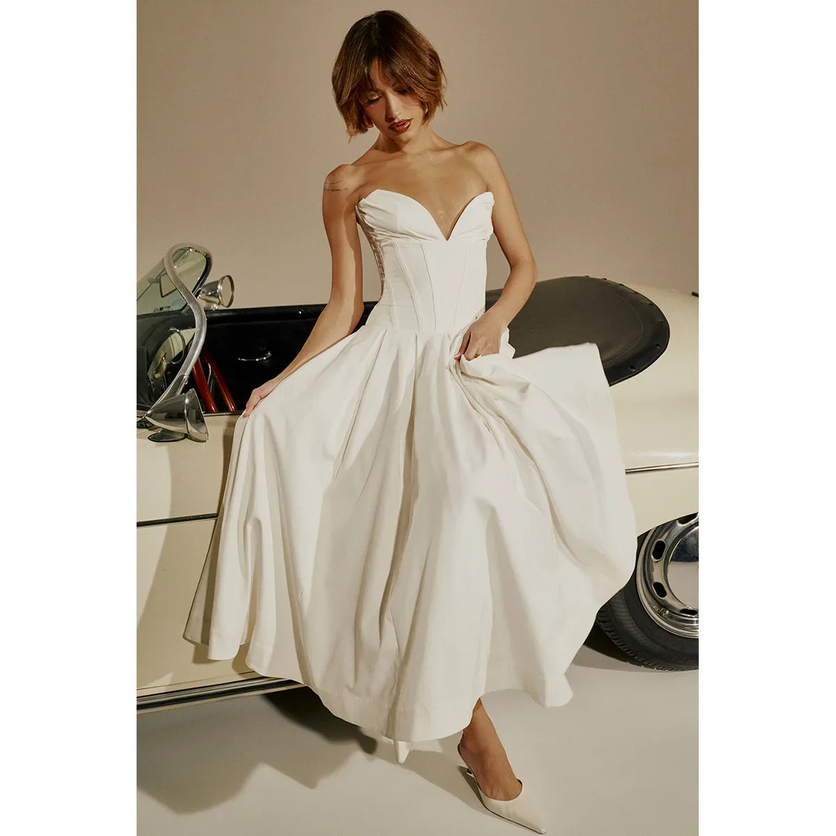 Elegant Strapless Midi Dress | White Wedding & Party Dress