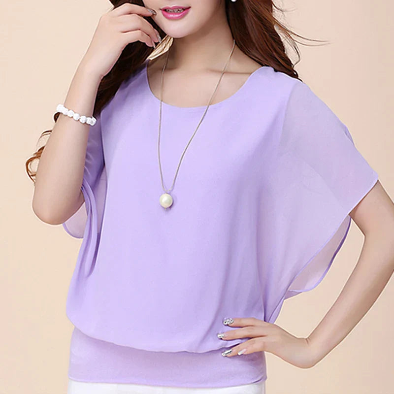 Chiffon Batwing Blouse | Solid O-Neck Top