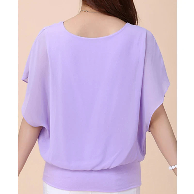 Chiffon Batwing Blouse | Solid O-Neck Top