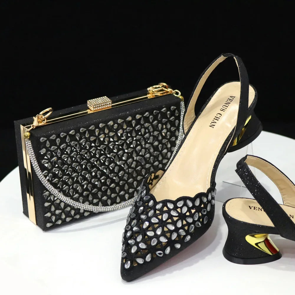 Gold Embroidered set |Venus Chan Low Heel Pointed-Toe Shoes & Matching Bag