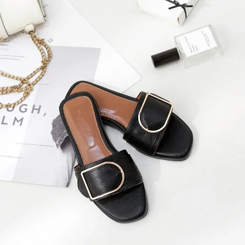 Leather Slide Sandals | Square Toe Flats