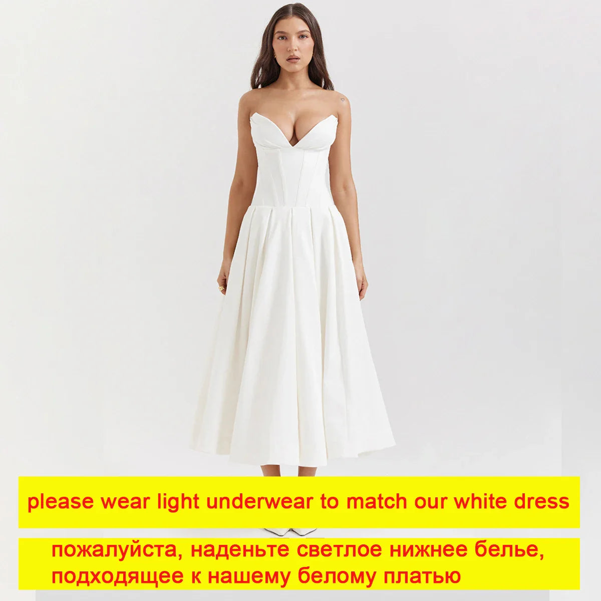 Elegant Strapless Midi Dress | White Wedding & Party Dress