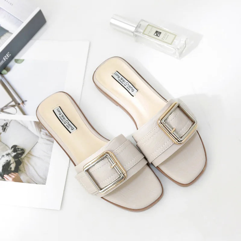 Leather Slide Sandals | Square Toe Flats