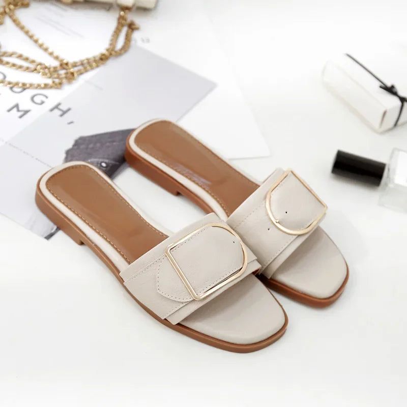 Leather Slide Sandals | Square Toe Flats