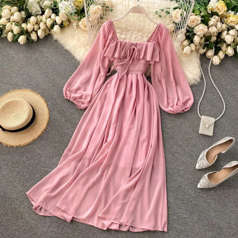 Elegant Square Collar Maxi Dress | Chiffon Puff Sleeve Dress