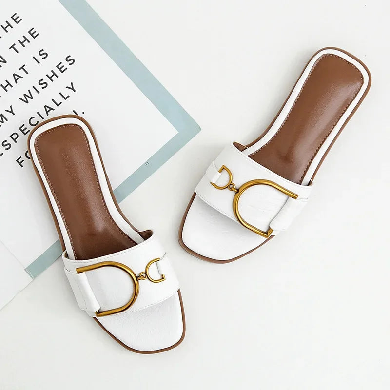 Leather Slide Sandals | Square Toe Flats