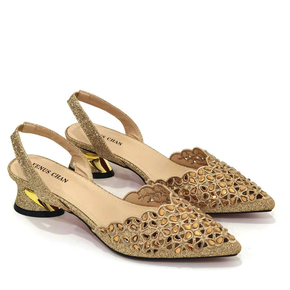 Gold Embroidered set |Venus Chan Low Heel Pointed-Toe Shoes & Matching Bag