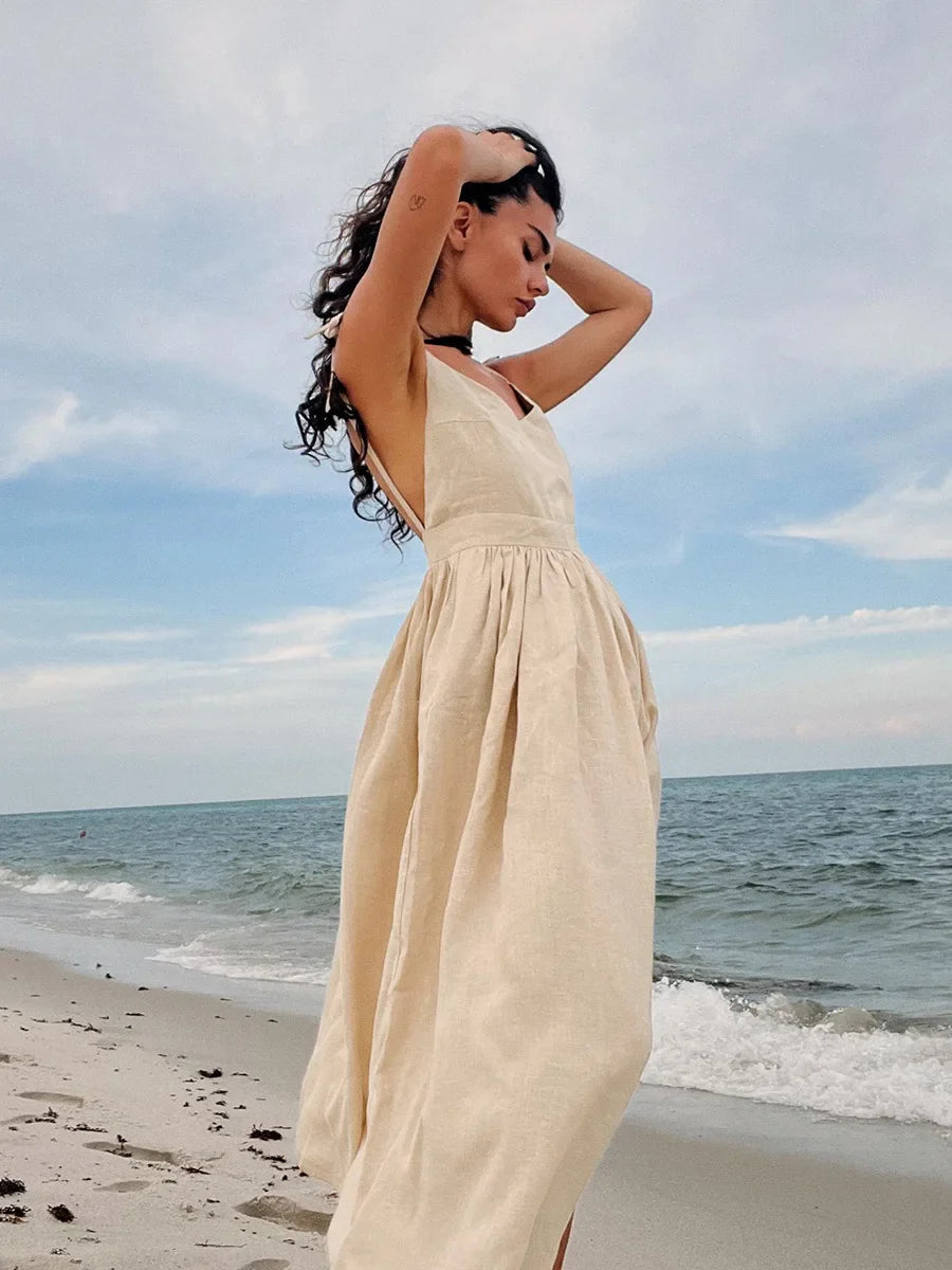 Vintage A-Line Cotton Dress | Beach Style V-Neck Dress