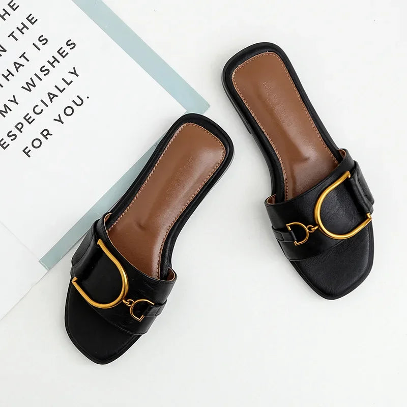 Leather Slide Sandals | Square Toe Flats