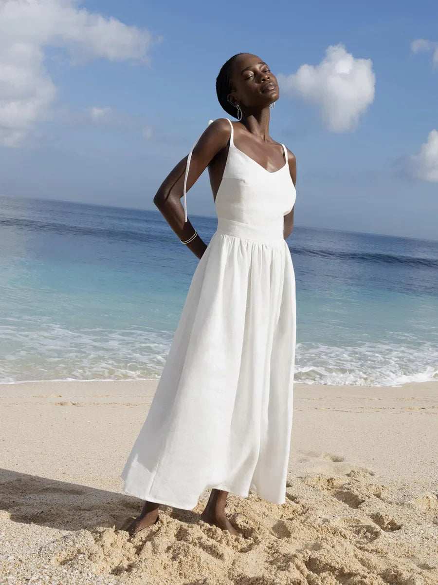 Vintage A-Line Cotton Dress | Beach Style V-Neck Dress