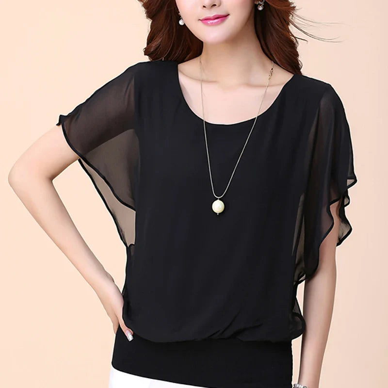 Chiffon Batwing Blouse | Solid O-Neck Top