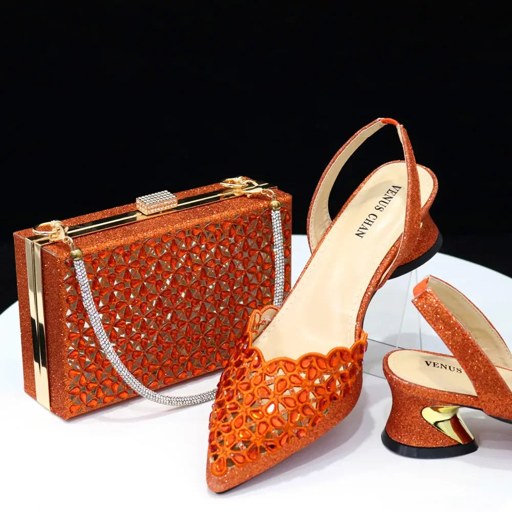 Gold Embroidered set |Venus Chan Low Heel Pointed-Toe Shoes & Matching Bag