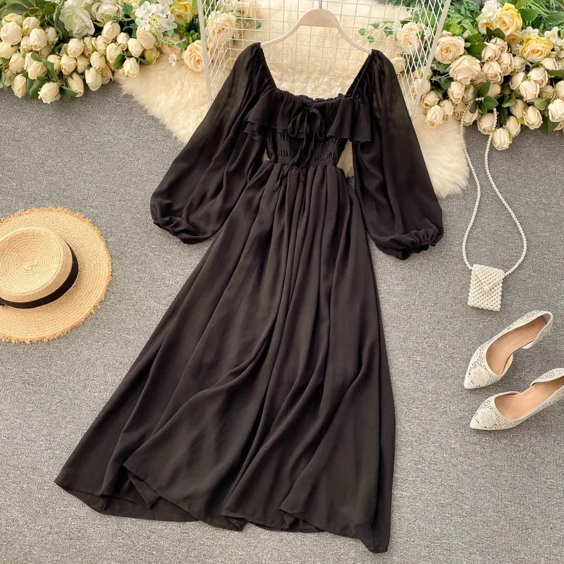 Elegant Square Collar Maxi Dress | Chiffon Puff Sleeve Dress