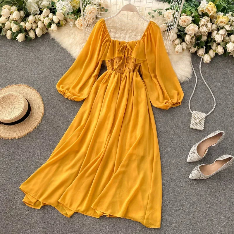 Elegant Square Collar Maxi Dress | Chiffon Puff Sleeve Dress