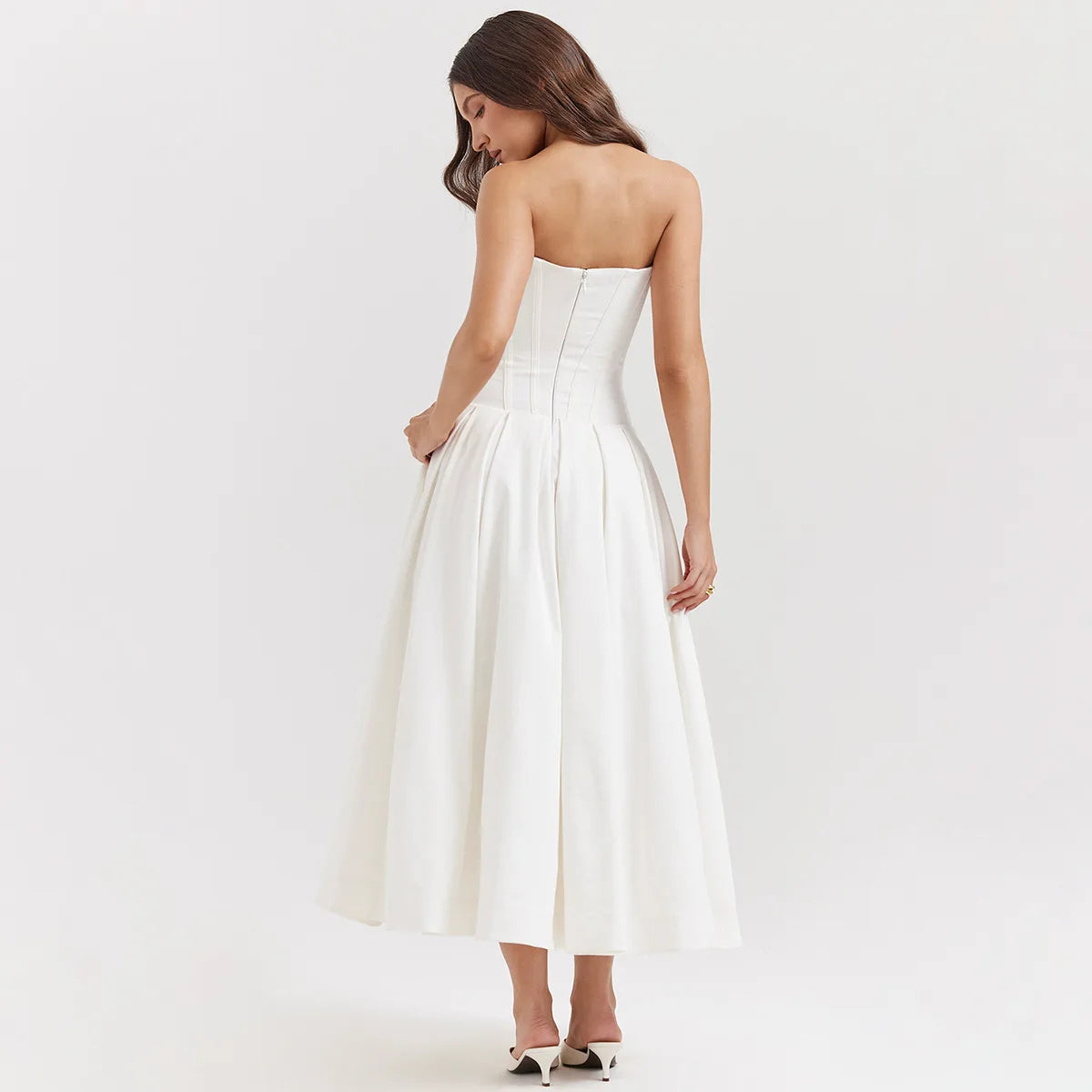 Elegant Strapless Midi Dress | White Wedding & Party Dress