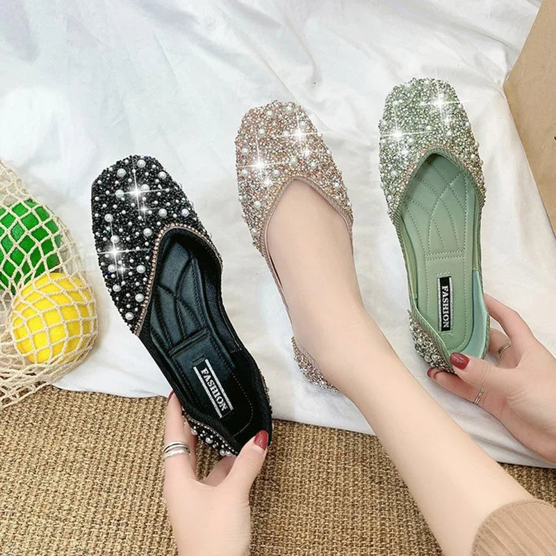 Glitter Crystal Pearl Studs Ballet Shoes | Square Toe