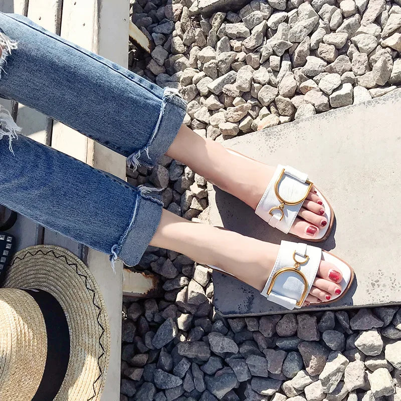 Leather Slide Sandals | Square Toe Flats