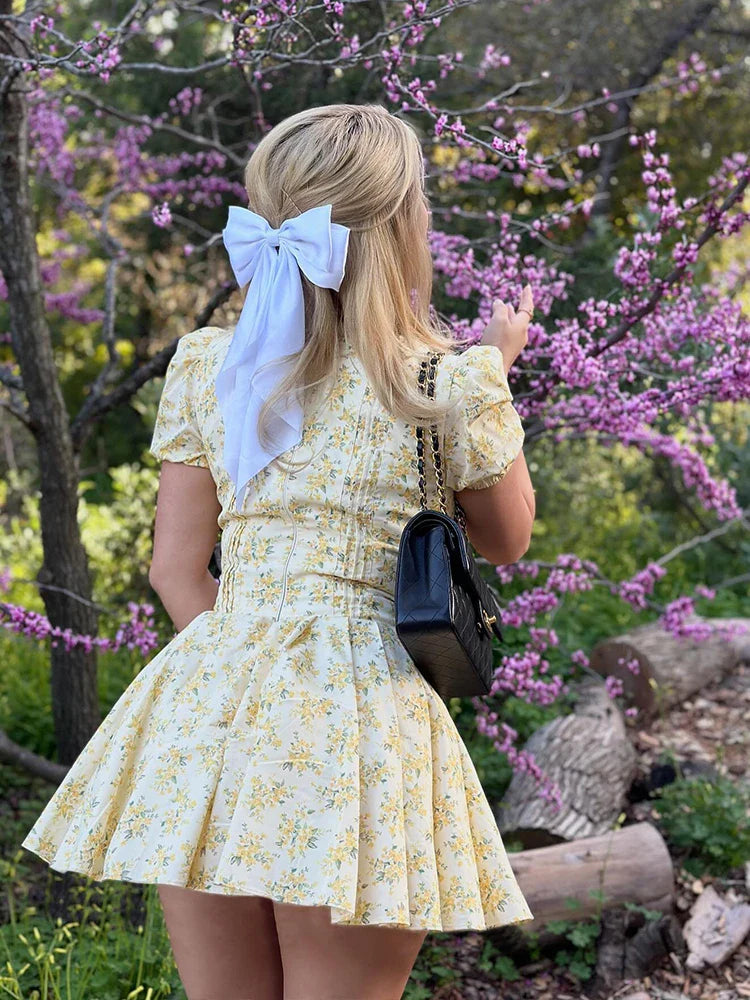 Summer V-Neck Puff Sleeve Tulle Dress | Yellow Floral Party Dress