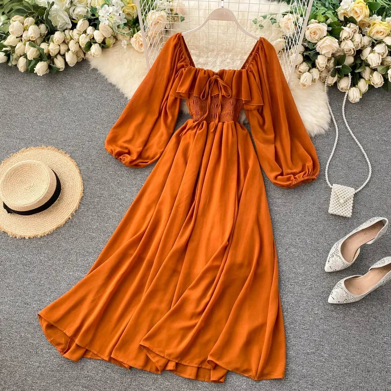 Elegant Square Collar Maxi Dress | Chiffon Puff Sleeve Dress