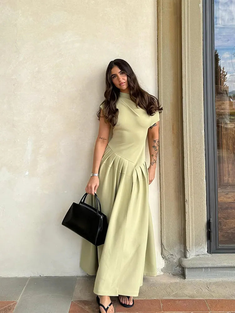 Elegant Green Pleated Dress | Women's Long O Neck Dress