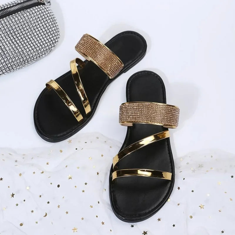 Rhinestone Sandals | Flat Heel Slippers