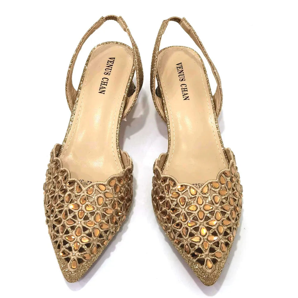 Gold Embroidered set |Venus Chan Low Heel Pointed-Toe Shoes & Matching Bag