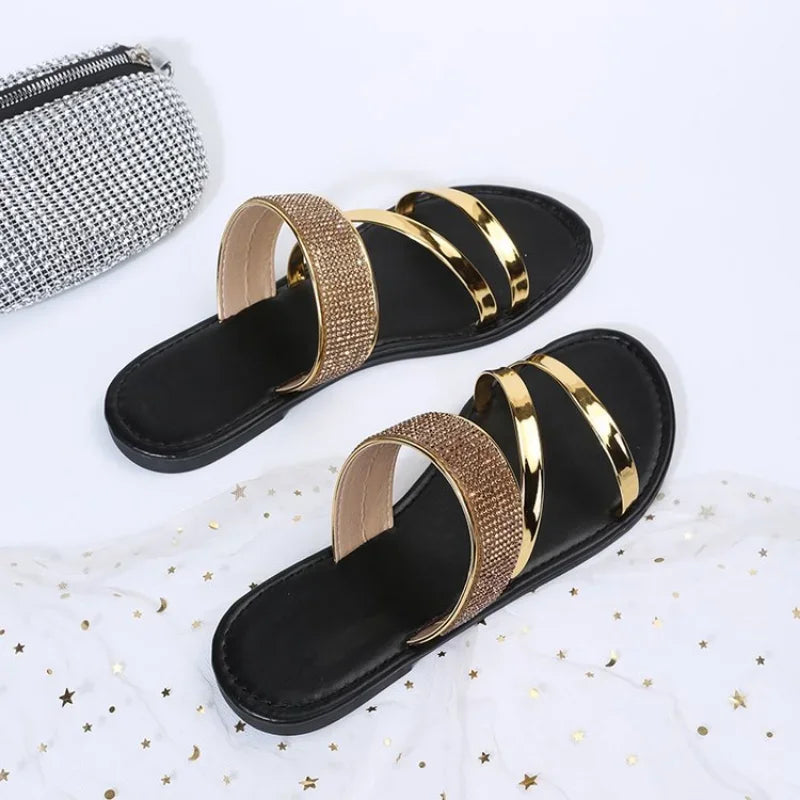 Rhinestone Sandals | Flat Heel Slippers