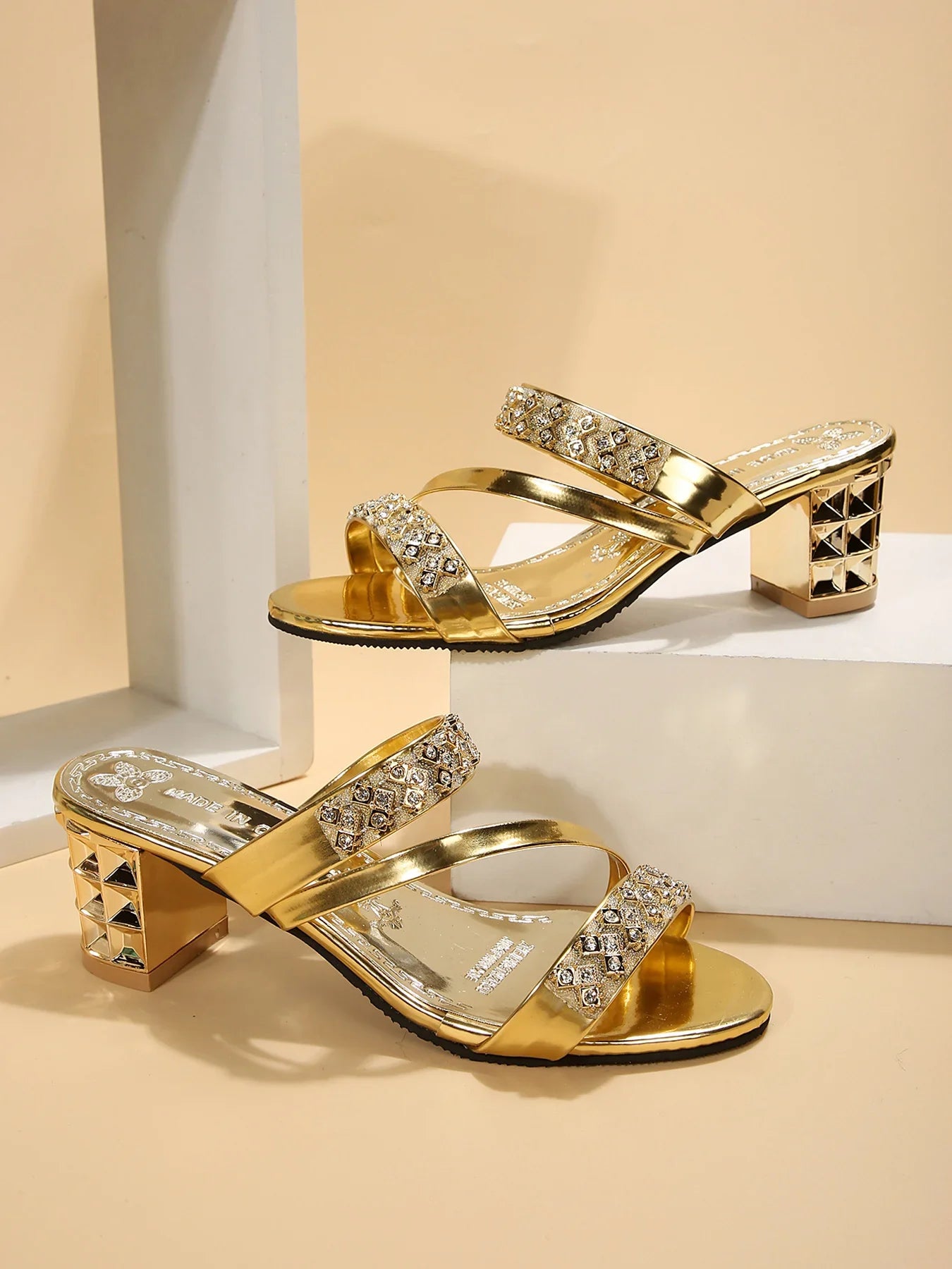 Rhinestone | Medium Thick Heel Sandals