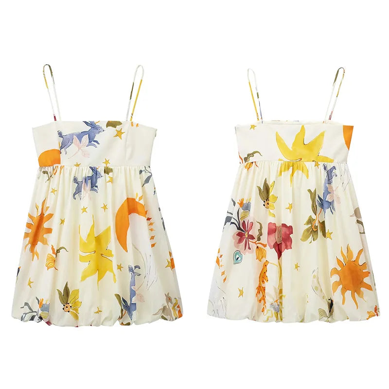 Sun Print Mini Dress | Pleated Slip Dress