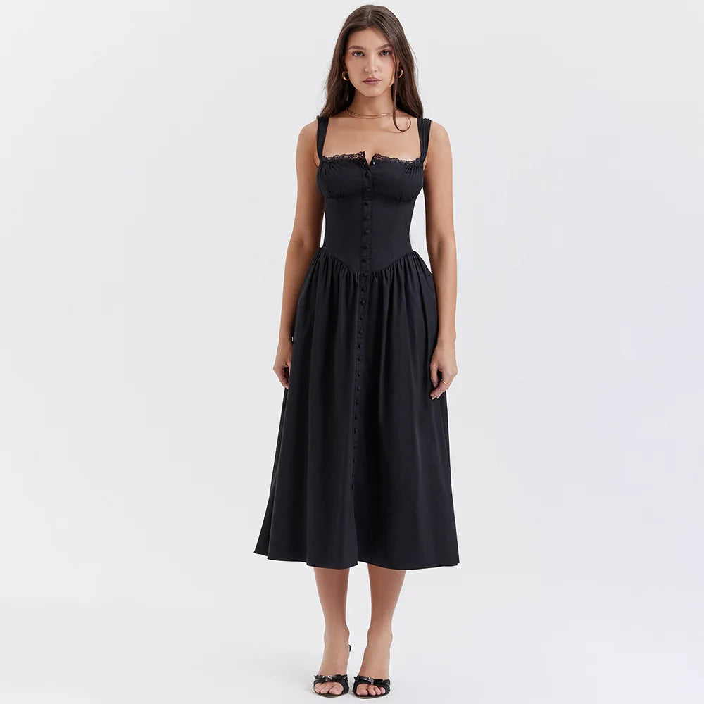 Elegant Spaghetti Strap Midi Dress | Black Holiday Party Dress