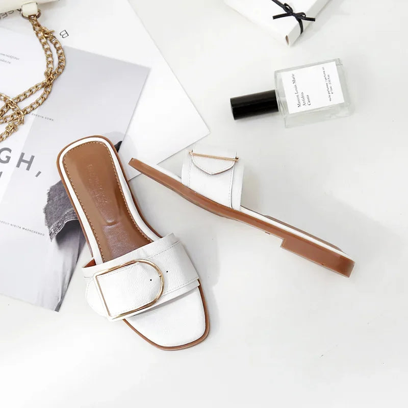 Leather Slide Sandals | Square Toe Flats