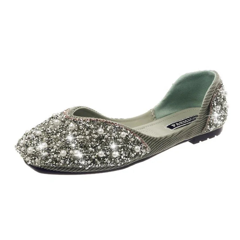 Glitter Crystal Pearl Studs Ballet Shoes | Square Toe