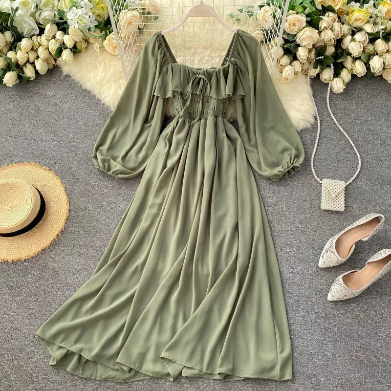 Elegant Square Collar Maxi Dress | Chiffon Puff Sleeve Dress