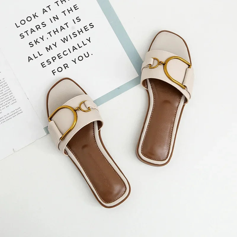 Leather Slide Sandals | Square Toe Flats