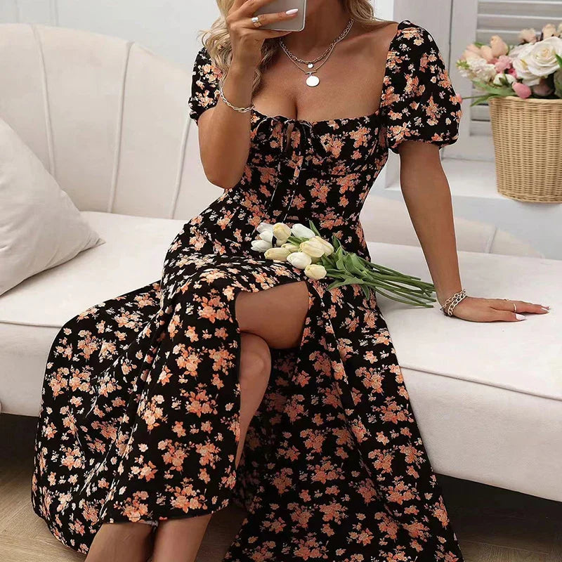 European & American Floral Slim Fit Slit Camisole Dress