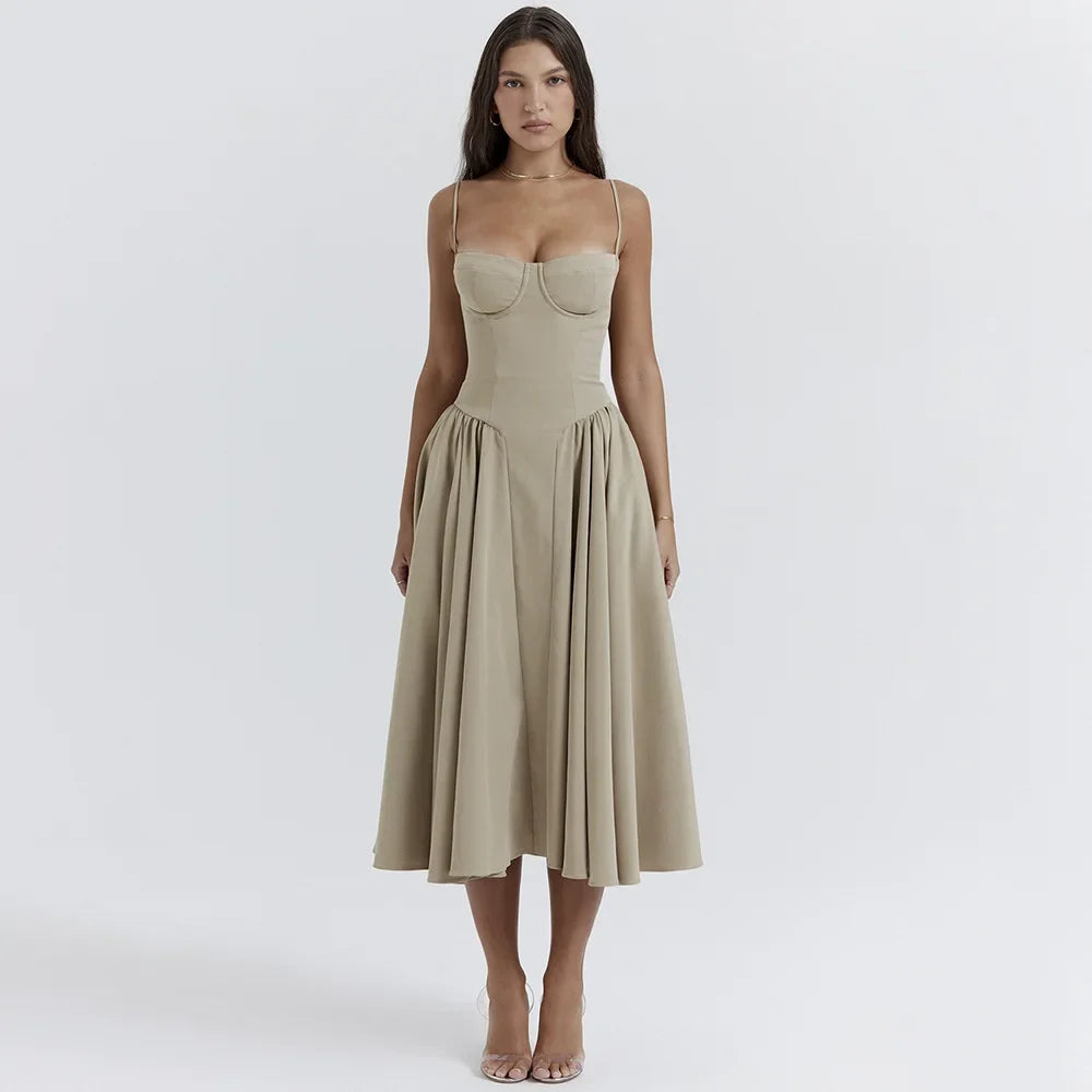 Elegant Spaghetti Strap A-Line Midi Dress | Party Dress