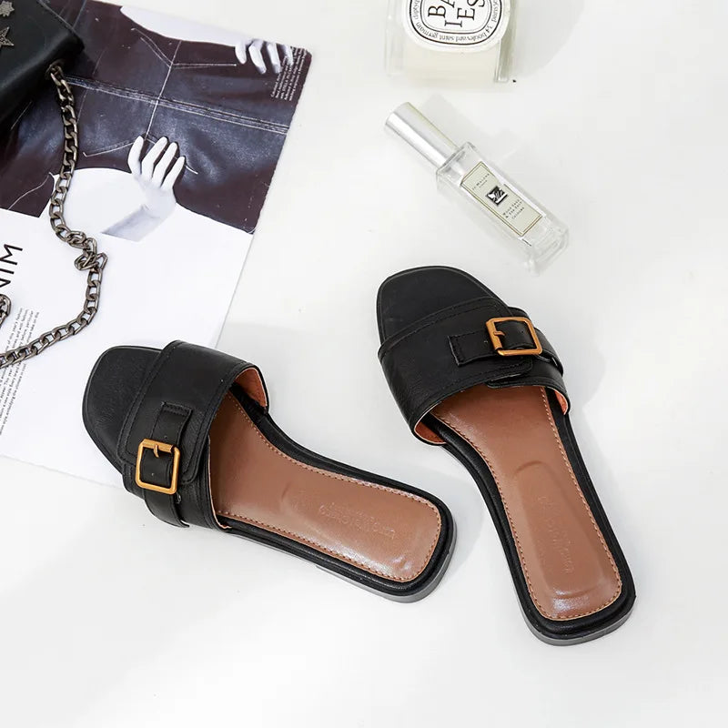 Leather Slide Sandals | Square Toe Flats