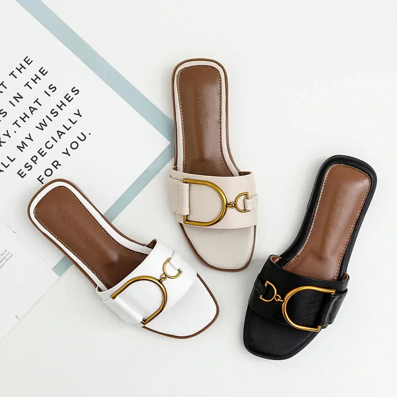 Leather Slide Sandals | Square Toe Flats