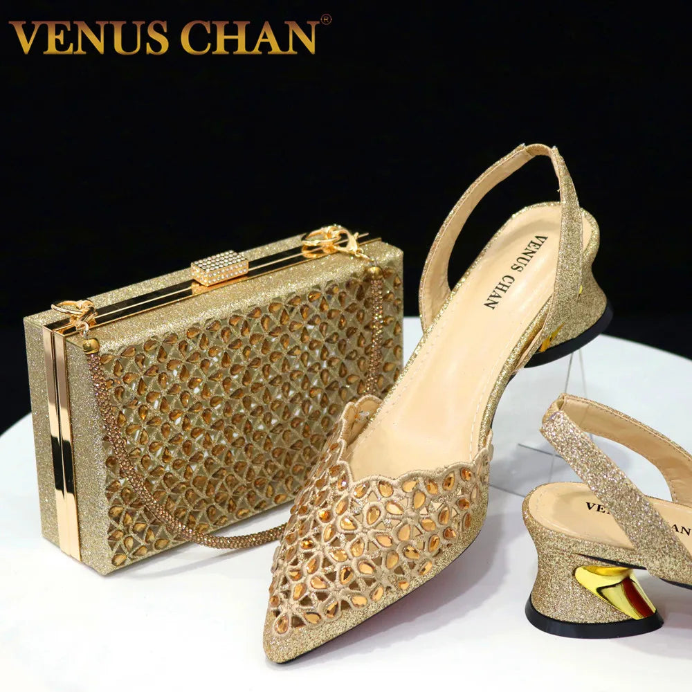 Gold Embroidered set |Venus Chan Low Heel Pointed-Toe Shoes & Matching Bag