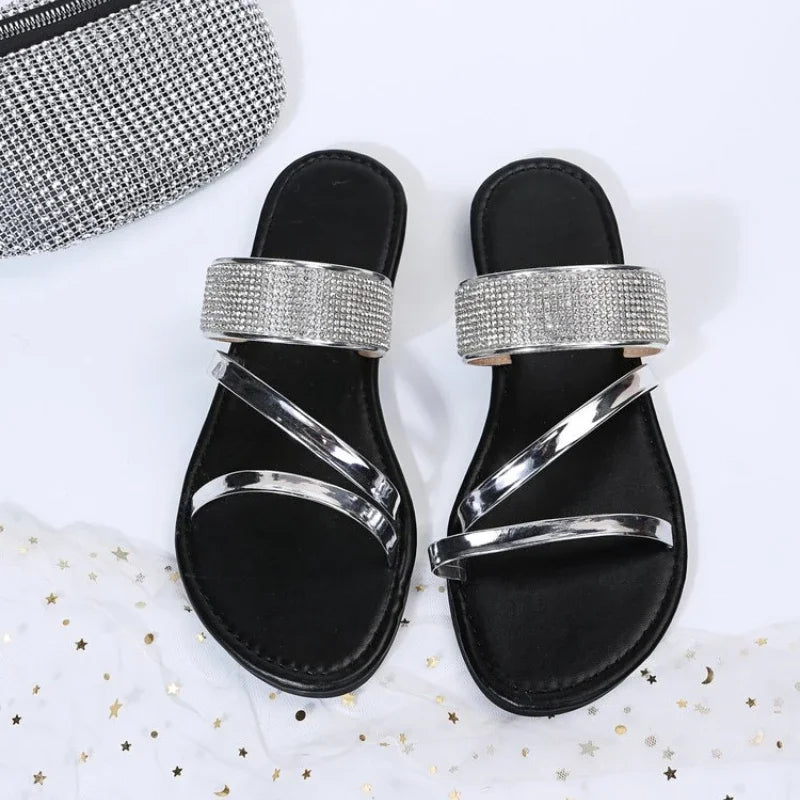 Rhinestone Sandals | Flat Heel Slippers