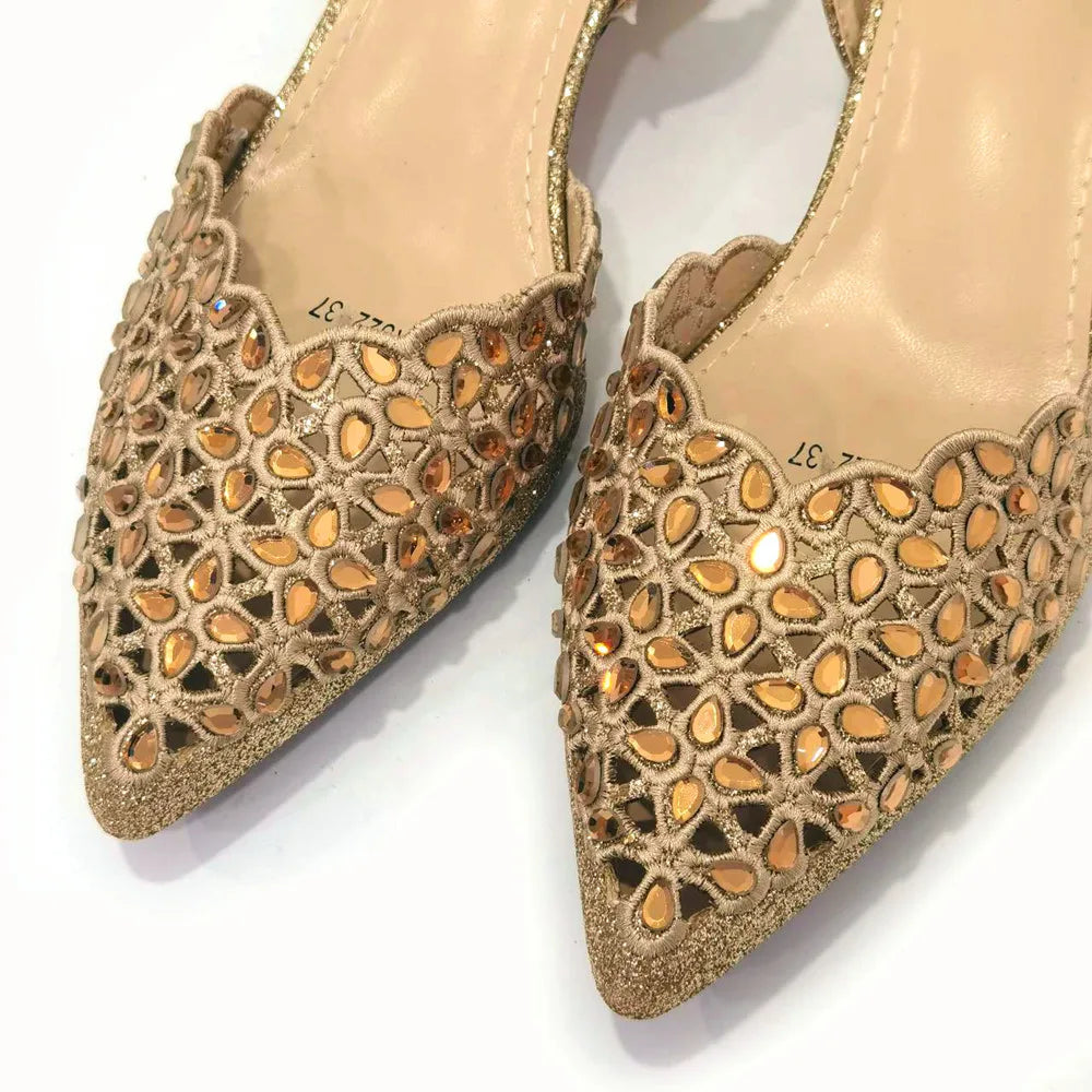 Gold Embroidered set |Venus Chan Low Heel Pointed-Toe Shoes & Matching Bag