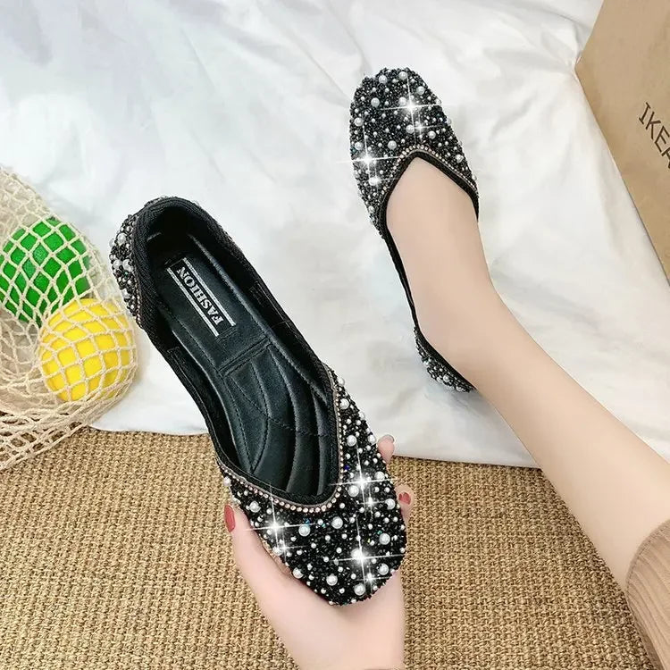 Glitter Crystal Pearl Studs Ballet Shoes | Square Toe